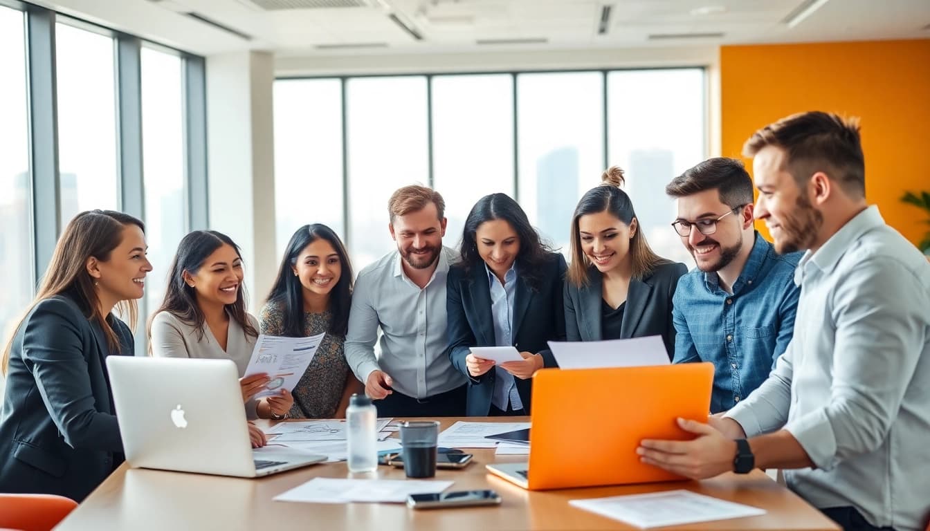 Marketing agency professionals collaborating in a vibrant office environment.