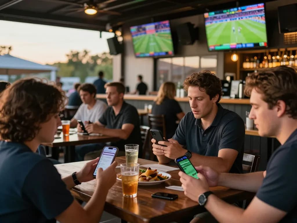 Engaged bettors at OKFUN's sports bar, analyzing odds and cheering for their teams.