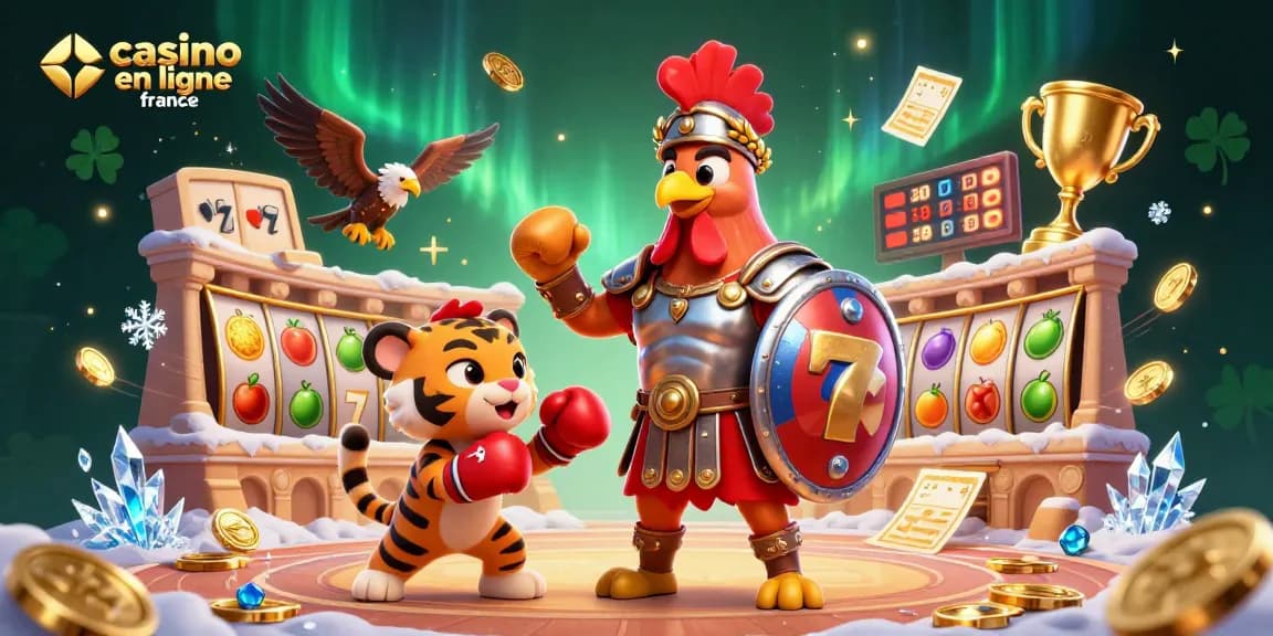 Illustration dynamique d'un casino en ligne France avec un coq romain et des éléments de jeu.