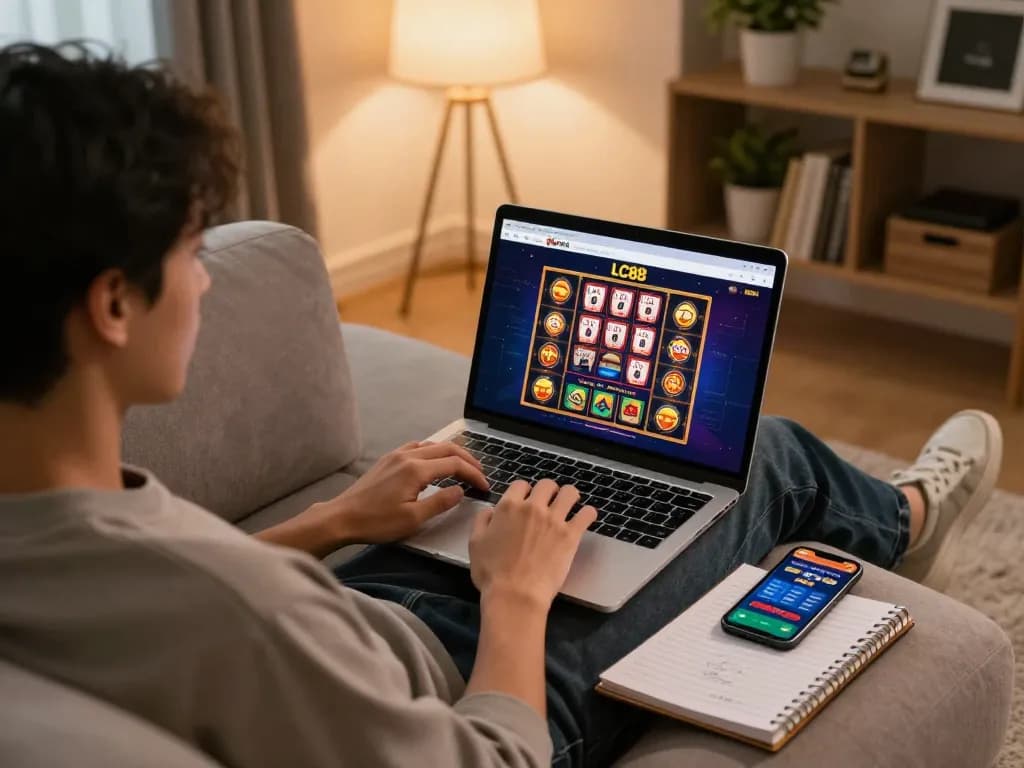 Engaged player using LC88 casino platform on laptop in cozy living room, showcasing responsible gaming.