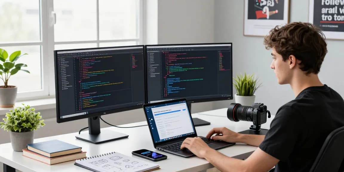 Developer coding at modern workspace with 纸飞机官网 technical resources around.