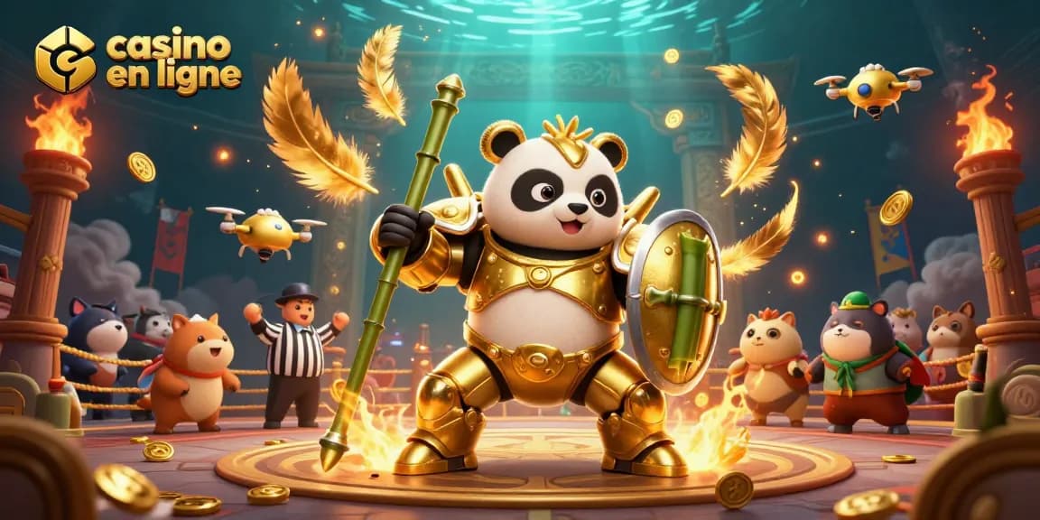 Jouez au casino en ligne avec une illustration animée d'un panda doré dans une scène dynamique.