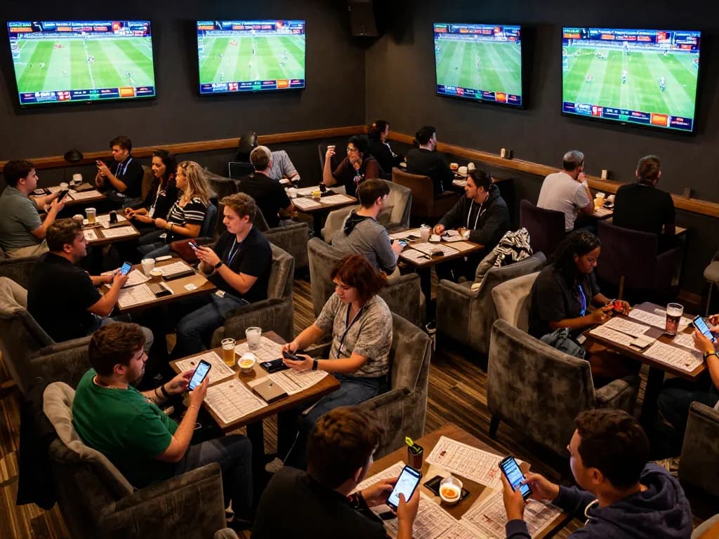 Excited fans placing bets on Okwintv screens in a lively sports betting lounge.