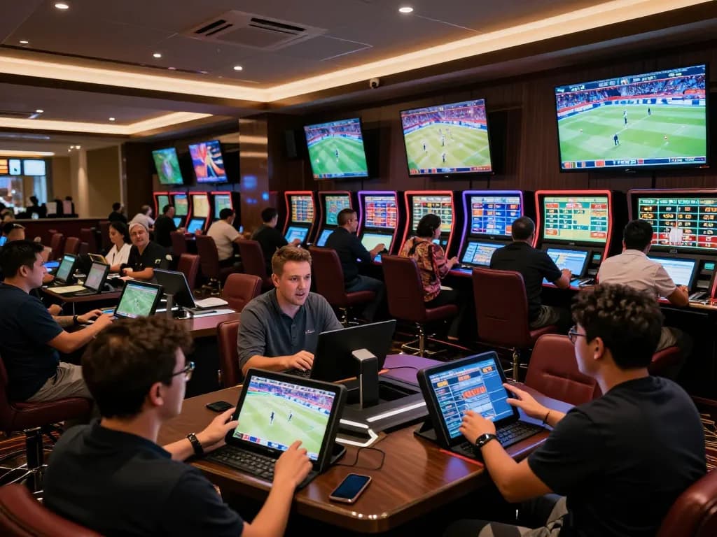 Experience intense sports betting excitement at 28bet in a modern casino lounge with vibrant screens.