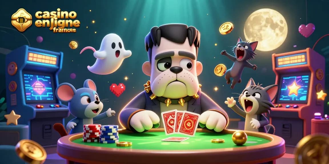Découvrez un chien bulldog Frankenstein jouant aux cartes dans un casino en ligne France animé.