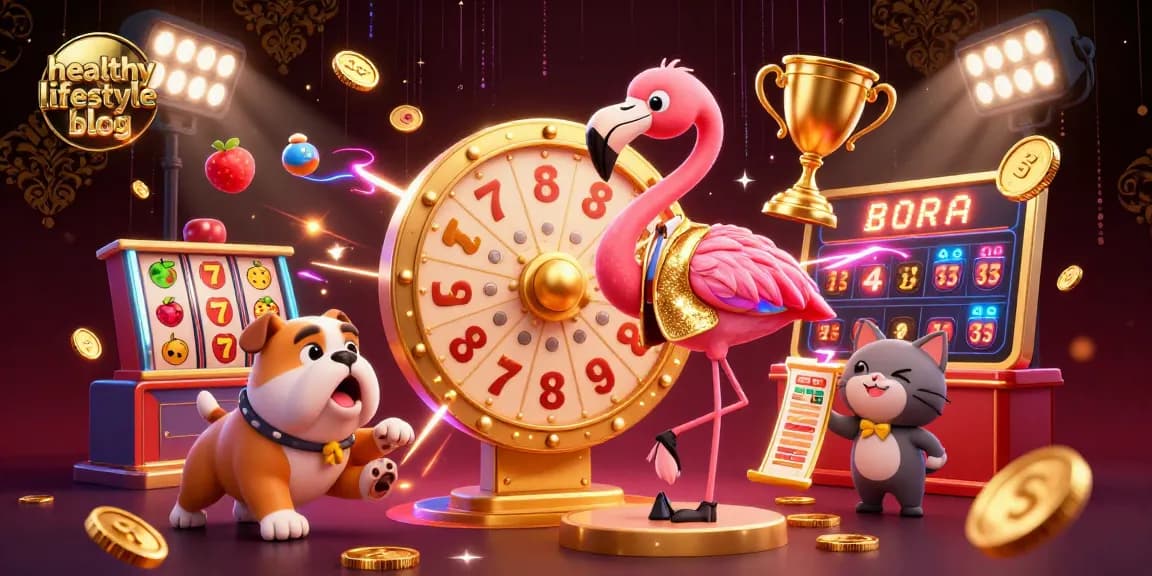 Engaging scene from a healthy lifestyle blog featuring a game show host flamingo and a bulldog contestant amidst vibrant casino elements.