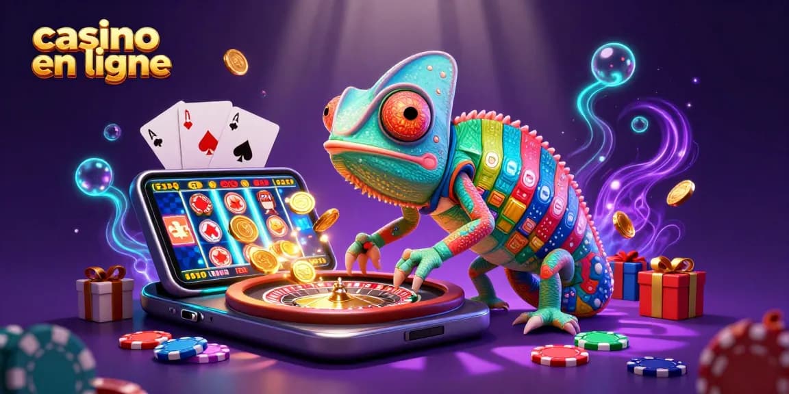 Illustration animée du casino en ligne avec un caméléon propriétaire attrapant des pièces d'or.