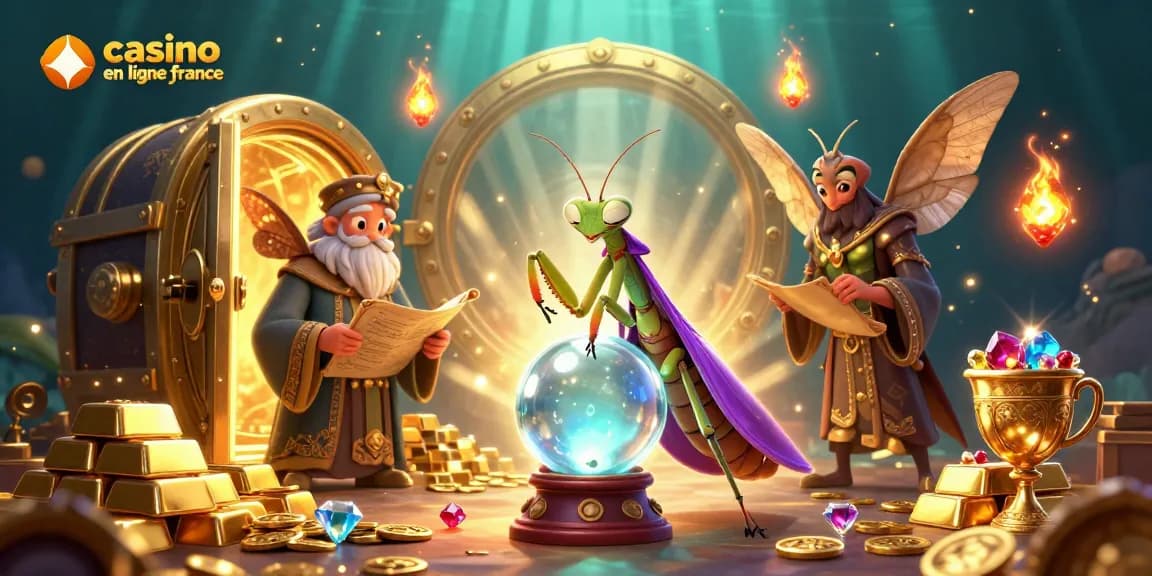 Illustration captivante de casino en ligne France avec un mantes voyant, une mite sage et des éléments de jeu enchanteurs.