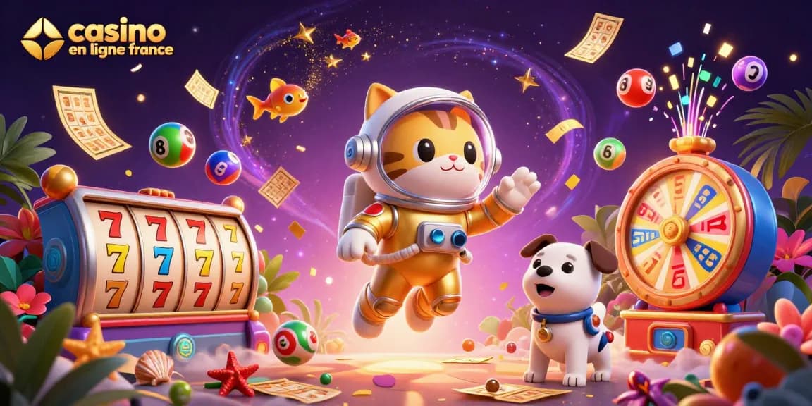 Profitez de l'excitation des jeux de casino en ligne France avec un chat astronaute et un chien robot dans l'espace.