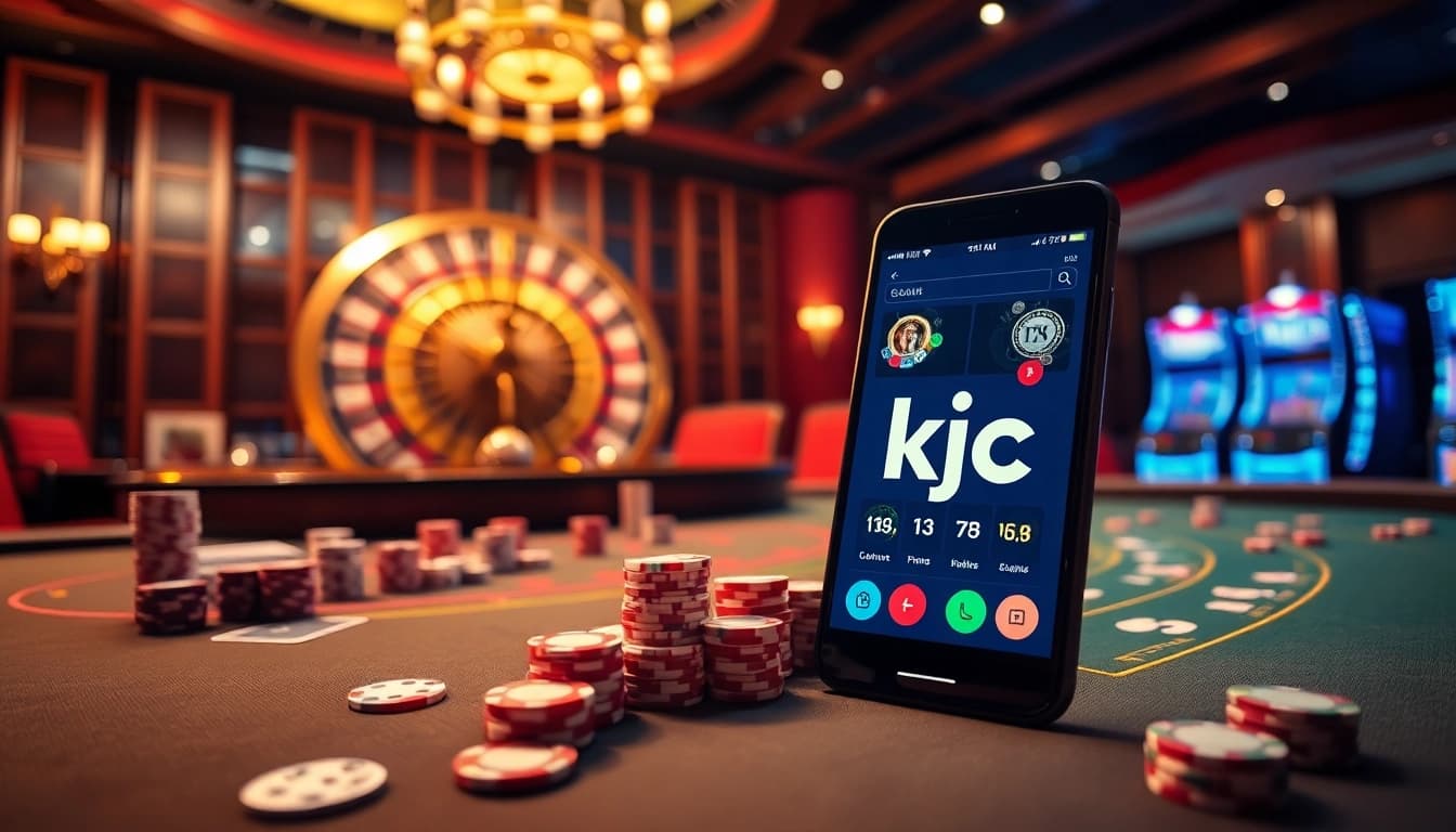 Engaging with the kjc website while enjoying a luxury casino ambiance filled with poker chips and slot machines.