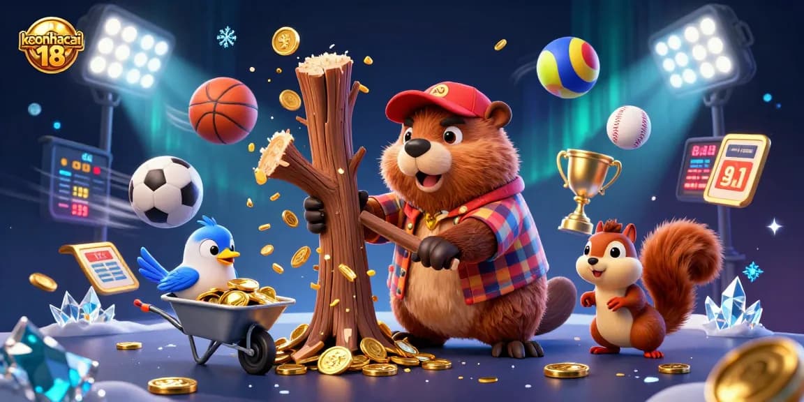 Engage with keonhacai 18 as cartoon beaver and friends collect coins amidst vibrant sports action.