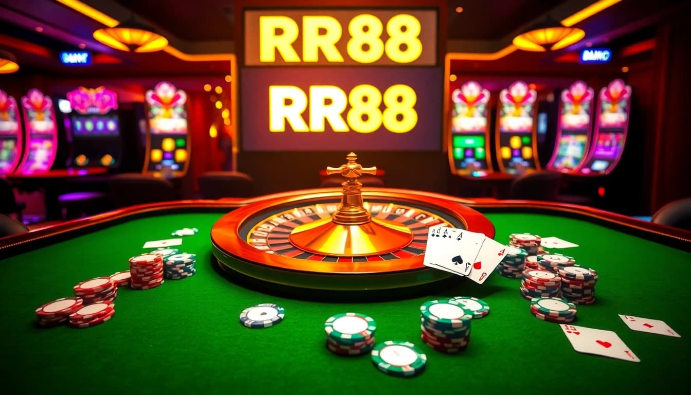 Experience the excitement of gambling at RR88 with poker chips and a roulette wheel.