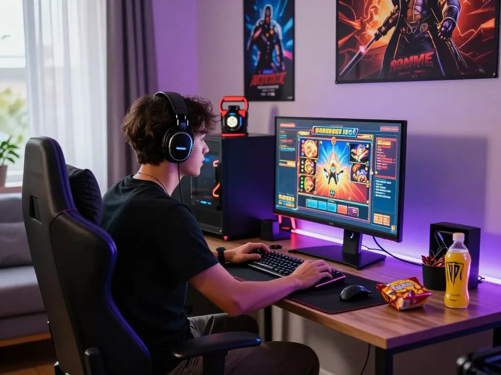 Engaging gamer enjoying an online game at vegasslot77, with LED lights and snacks in a vibrant living room.