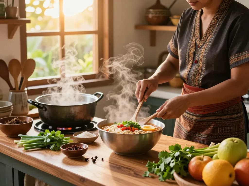Delicious preparation of real khao soi noodles recipe with fresh ingredients in a cozy Thai kitchen