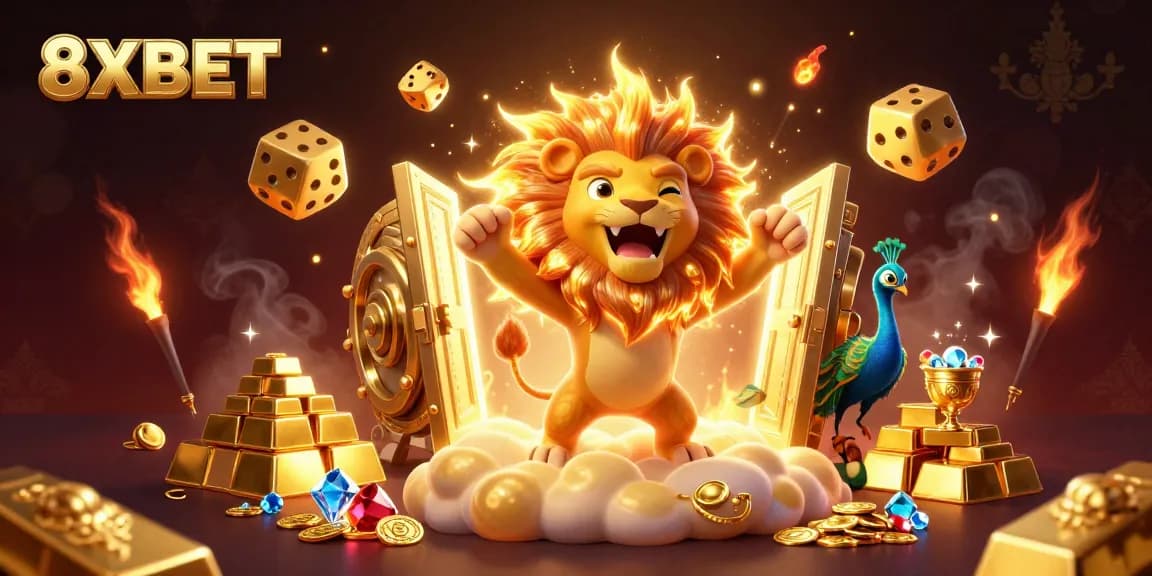 Experience the thrilling world of 8XBET with a lion roaring triumphantly amidst gold and gems.