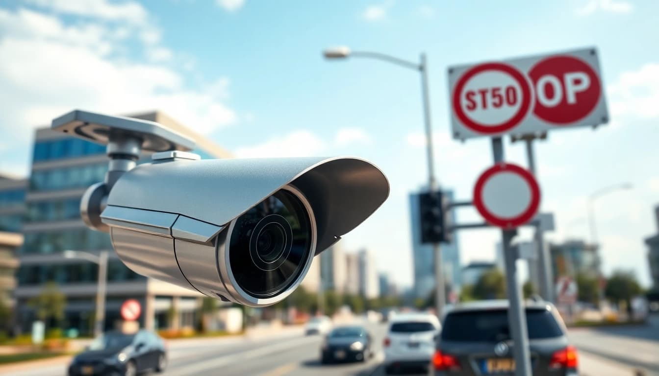 Showcasing a license plate recognition camera in action, monitoring vehicles on a city street.