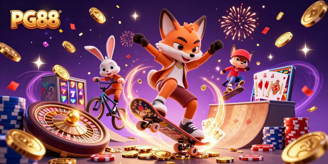 Play games at PG88 with a vibrant scene of cartoon characters celebrating winnings amidst casino elements.