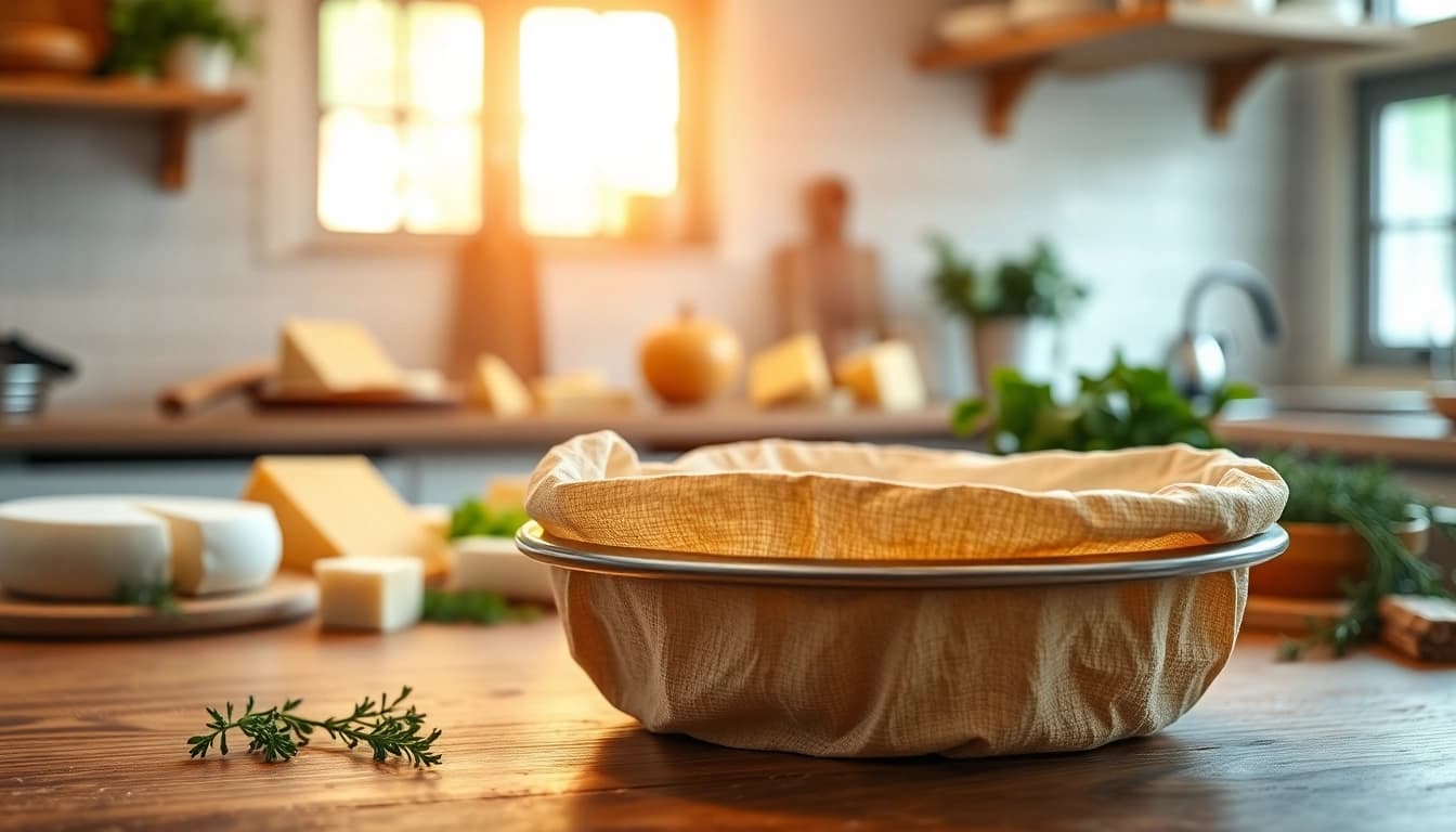 Kaasdoek gebruikt voor het zeven van kaas in een sfeervolle keuken.
