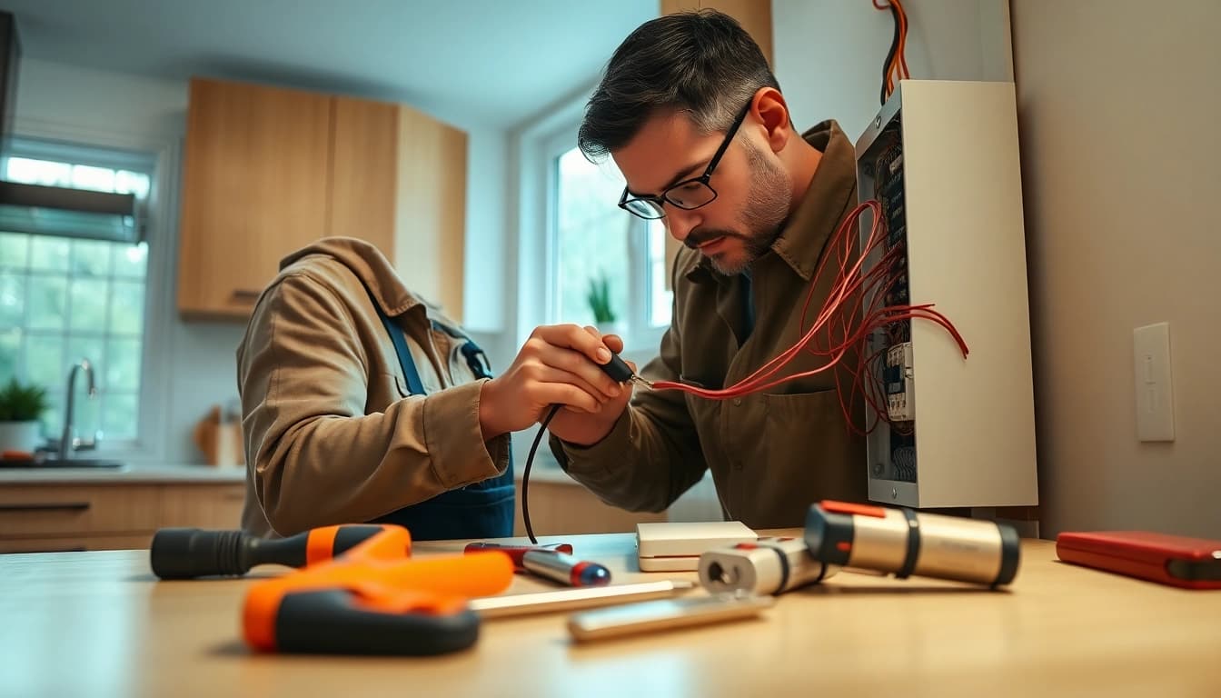 Residential electrician Burnaby repairing an electrical panel in a bright kitchen.