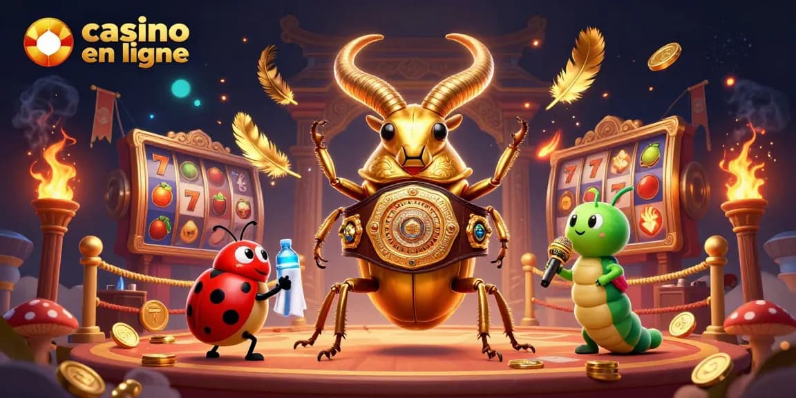 Jouez à casino en ligne avec une illustration vivante de personnages de casino dans un combat animé.