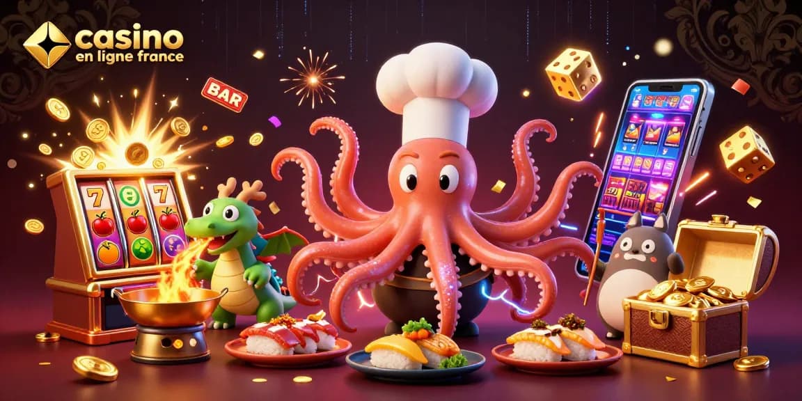 Jouez à casino en ligne france avec un chef sushi en vedette au milieu d'une scène festive de gains.