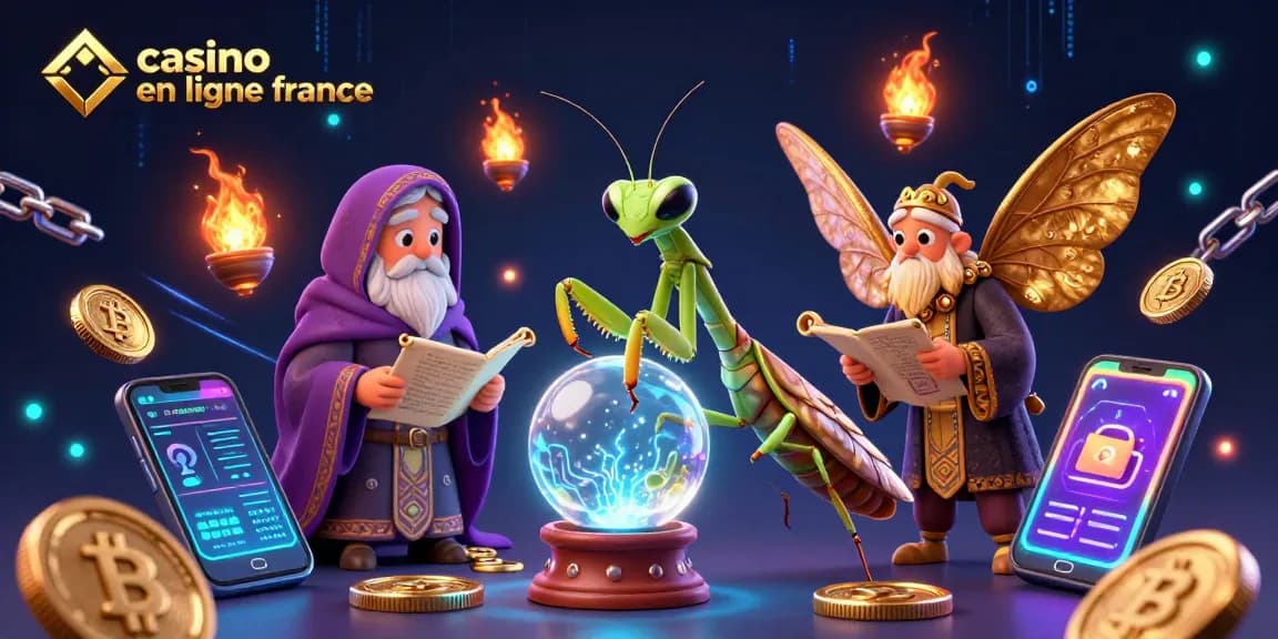 Plongez dans l'univers du casino en ligne France avec une illustration vivante de personnages mystiques et éléments de jeu.