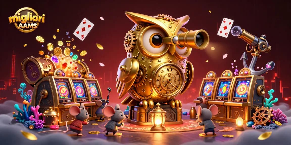 Scopri i migliori casino non AAMS e gioca con l'illustrativa scena di un gufo d'oro e topolini in un ambiente di gioco vivace.