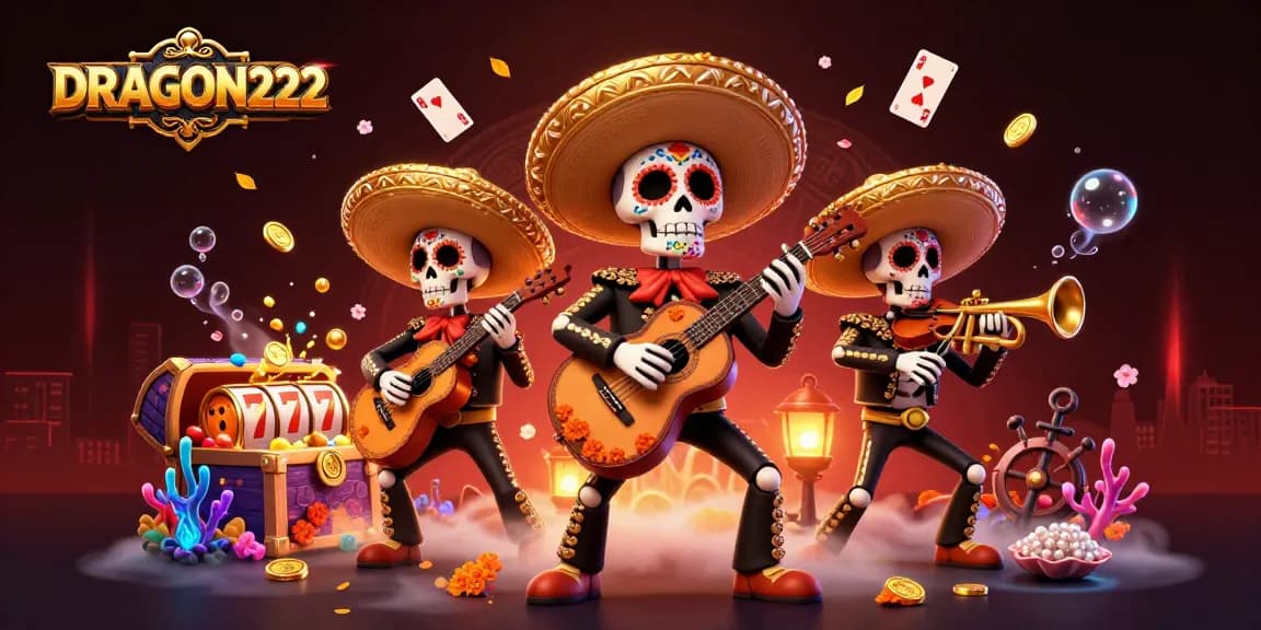 Win big with DRAGON222's vibrant animated mariachi scene featuring slot game elements.