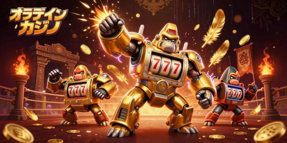 オンラインカジノのための迫力ある3Dイラスト、ゴールドのゴリラメカがスロットマシンのパーツで構成されています。