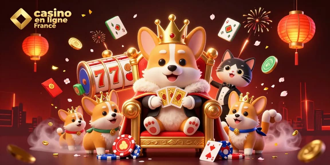 Jouer au casino en ligne France avec des corgis royaux dans une illustration animée 3D festive.