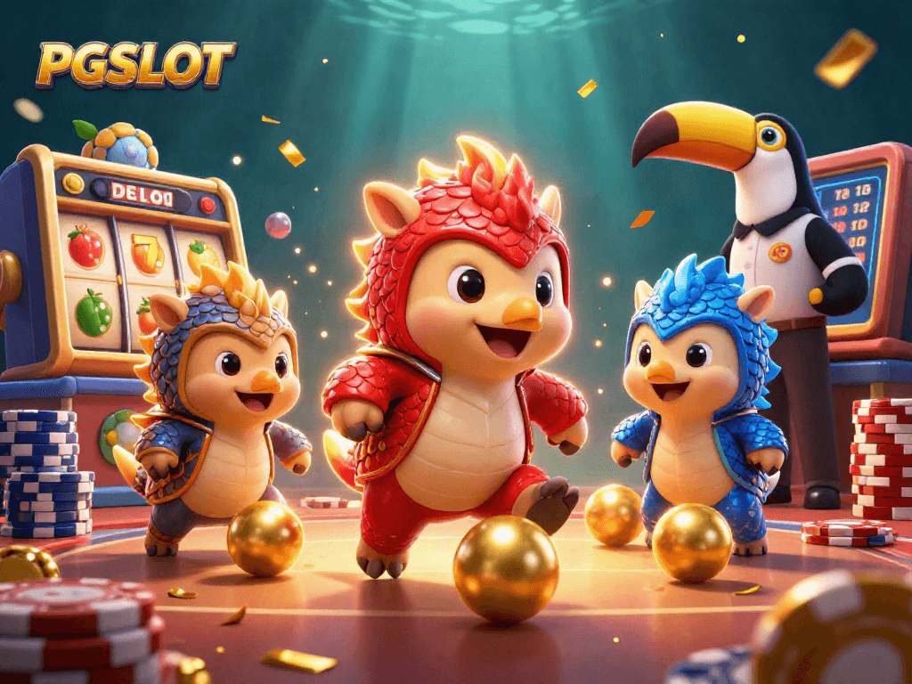 Engage in PG SLOT excitement with rival pangolins rolling golden balls in a dynamic casino scene.