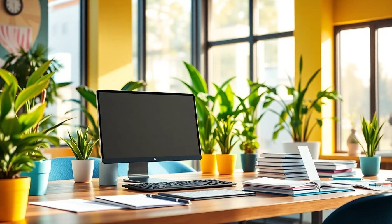Brightet workspace promoting productivity with modern technology and vibrant decor.