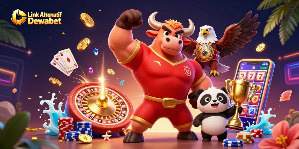 Experience thrilling wins with Link Alternatif Dewabet, featuring vibrant gambling mascots and action-packed scenes.