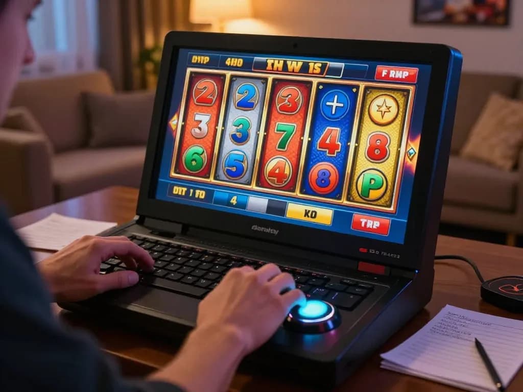 Player engaging with slot deposit 2rb online gaming, placing bets on vibrant reels while enjoying a cozy atmosphere