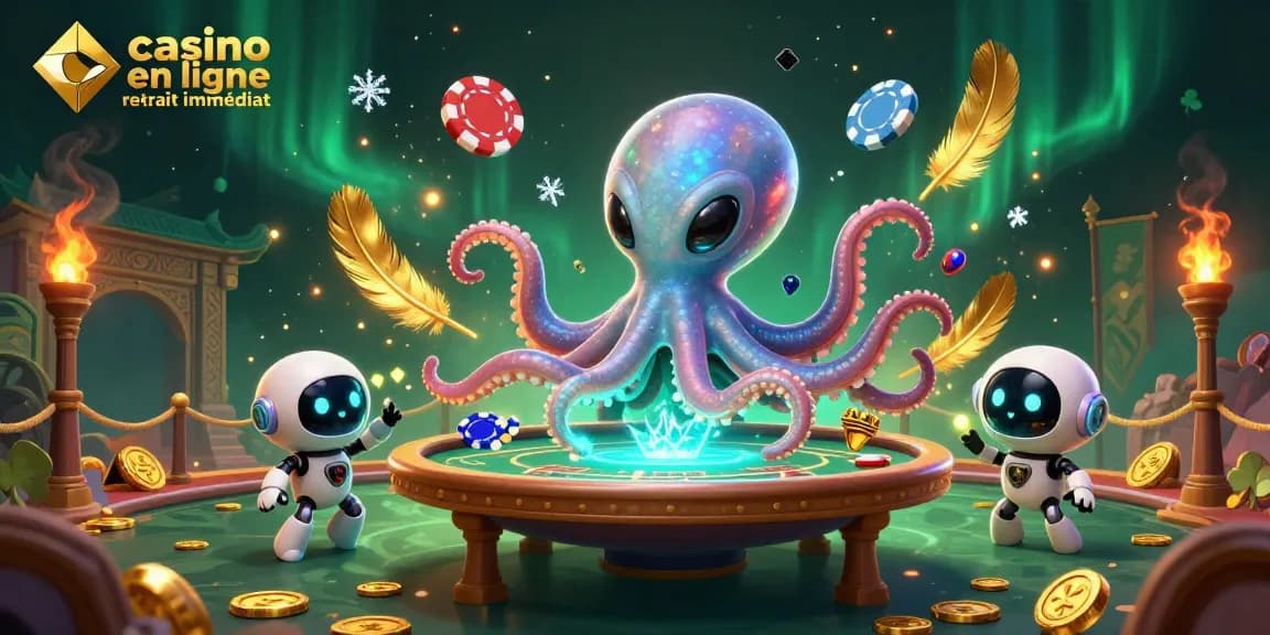 Jouez sur un casino en ligne retrait immédiat avec rapidité et sécurité, illustré par un octopus cosmique.