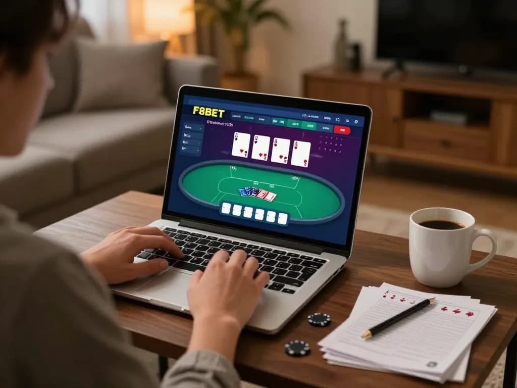 Engaging with F8BET online poker on a laptop in a cozy home setting.