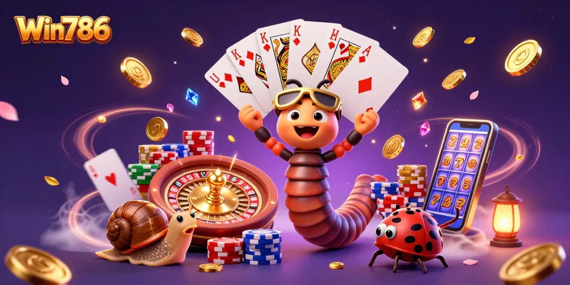 Win786 offers a vibrant 3D scene showcasing a cartoon millipede dealer and exciting casino elements.