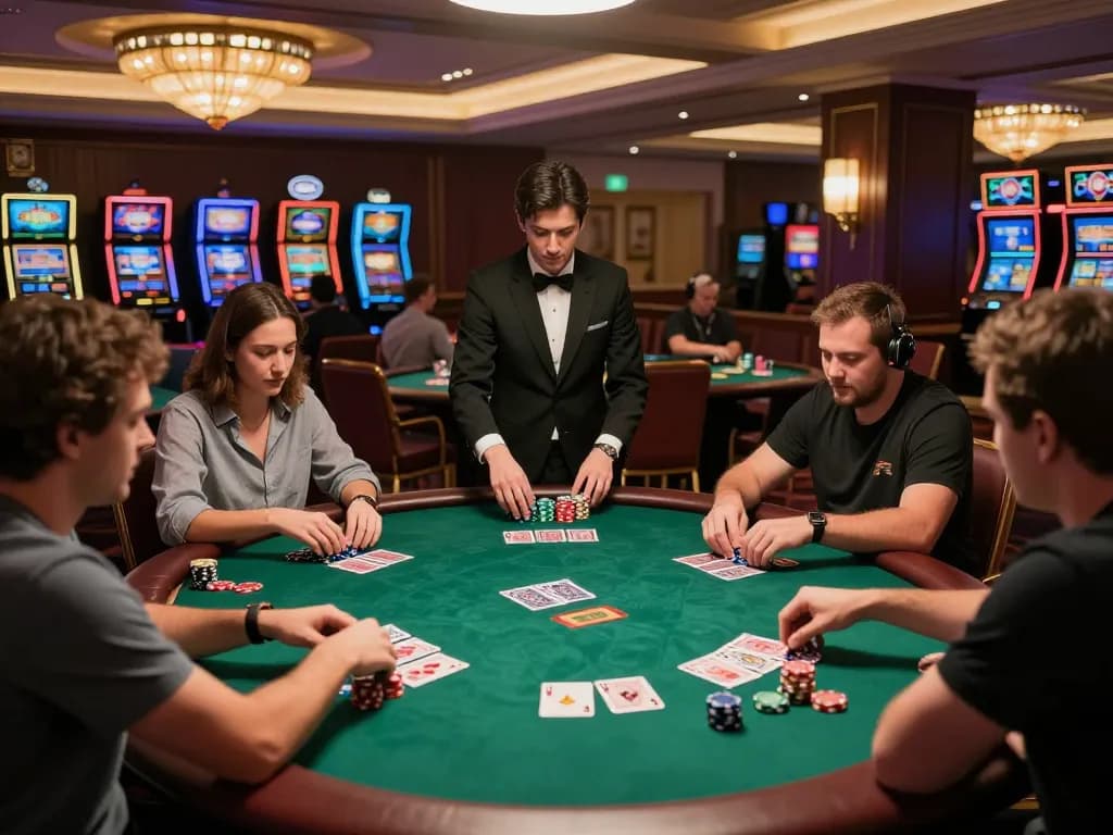 Experience the thrill of rr 88 gaming as players engage intensely at luxury poker tables in a vibrant casino.