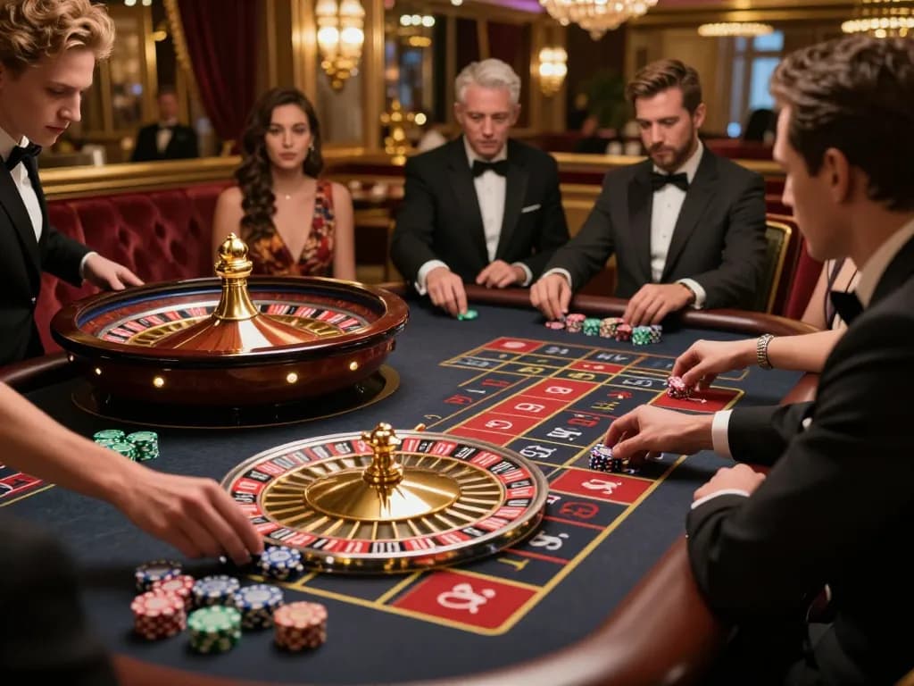 Players placing bets at the EE88 roulette table in a sophisticated casino.