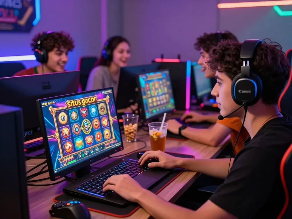 Exciting group enjoying situs gacor slot games in vibrant gaming atmosphere.