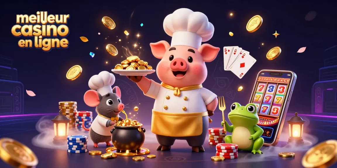 Illustration dynamique avec un chef porcin et un critique dégustant des pièces d'or dans le meilleur casino en ligne.