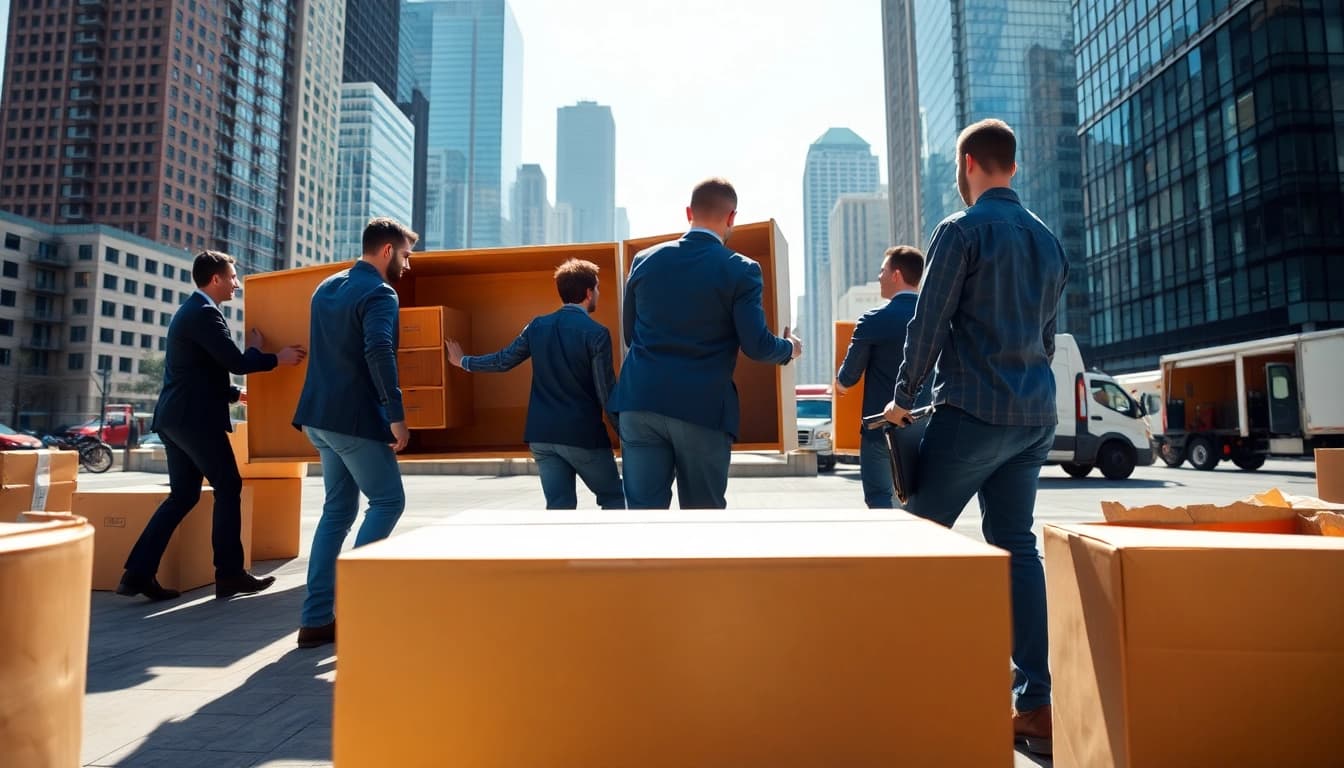 Commercial Movers expertly relocating office furniture in a busy urban environment.