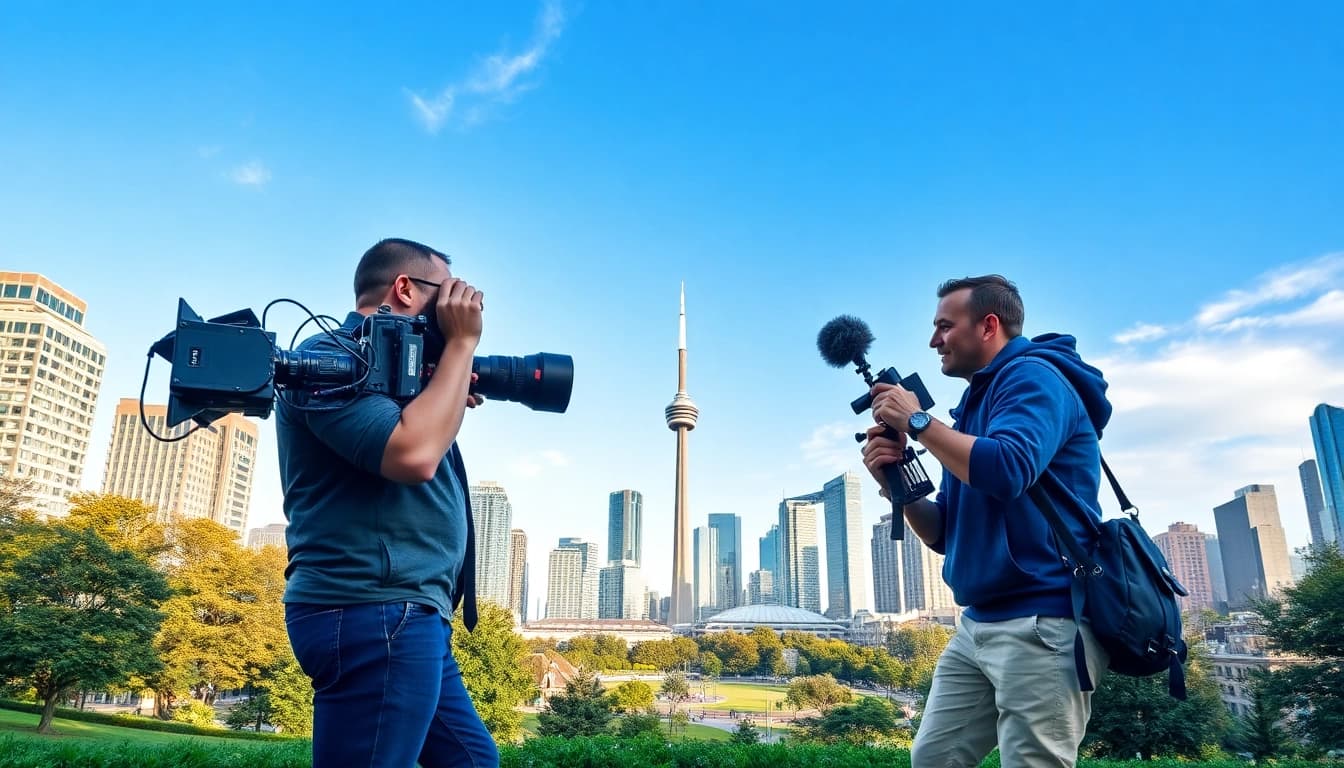 Engaging scene featuring Toronto videography in action, with a videographer amidst the cityscape.