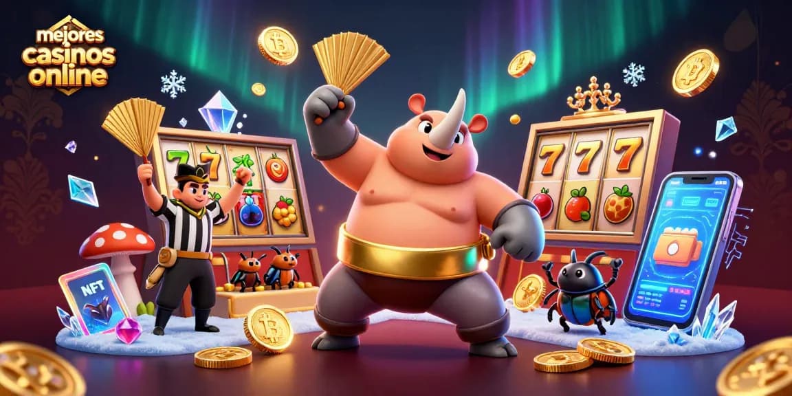 Ilustra los mejores casinos online con un escarabajo rinoceronte sumo lanzando monedas de oro entre elementos de juego.