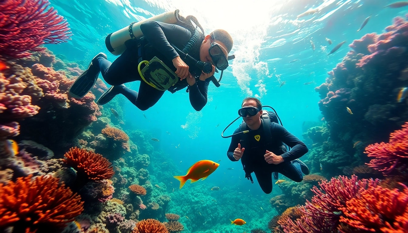 Tauchen Lernen beim Scuba-Diving mit bunten Meereslebewesen und Korallen.