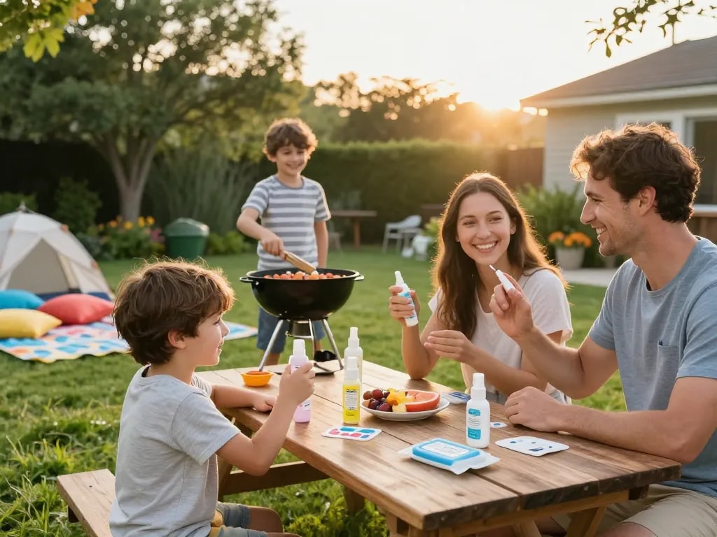 Family applying the best mosquito repellent at an outdoor barbecue gathering.
