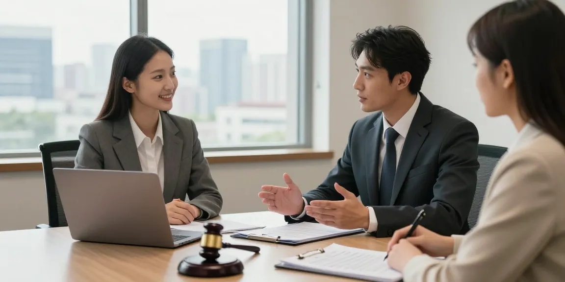 개인회생 상담 중인 변호사와 고객, 편안한 분위기의 법률 사무소에서 희망을 주는 대화