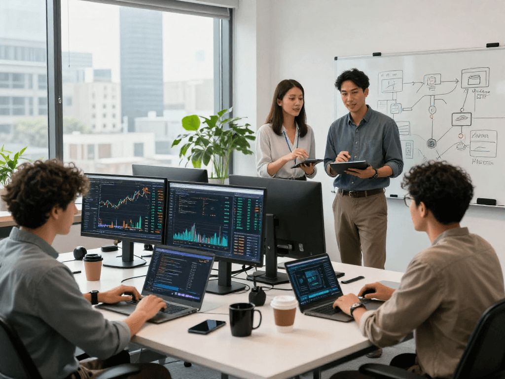 Team collaborating on a fintech data integration service project, with multiple screens showing financial analytics in a modern workspace.