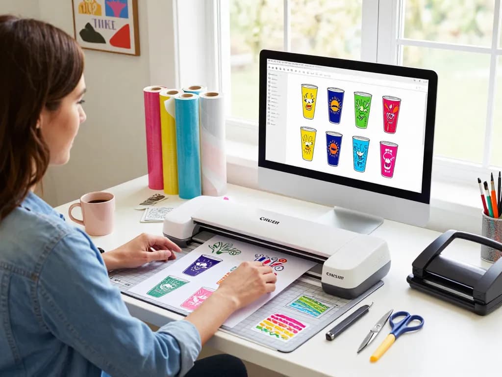 Woman designing unique Cricut SVG bundle graphics in a bright crafting workspace.
