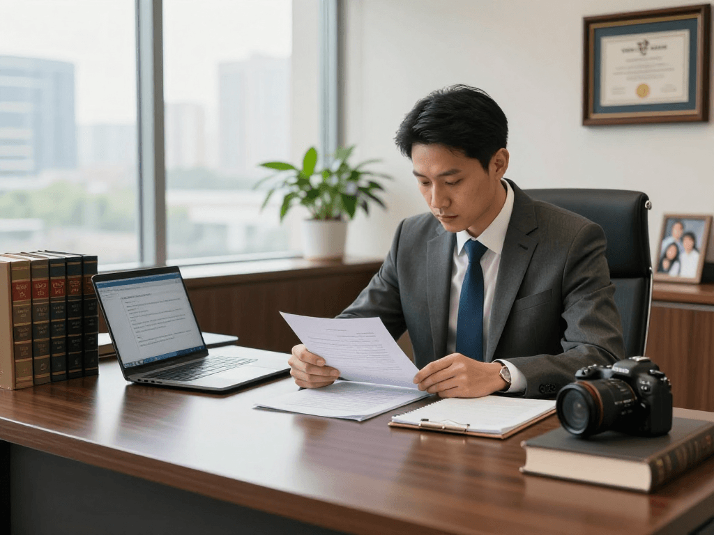 Stephen Gleave Ancaster reviewing legal documents in a modern law office.
